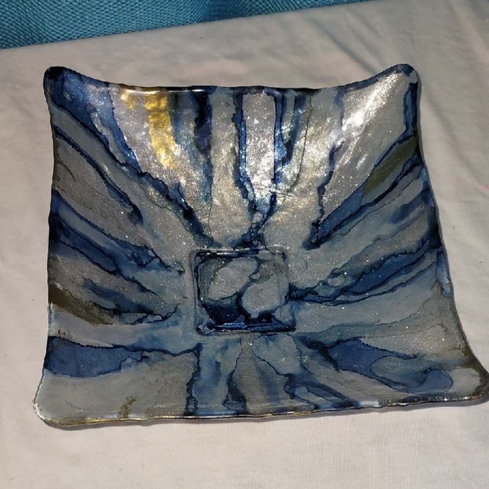 Elegant Blue and Silver Glass Art Bowl